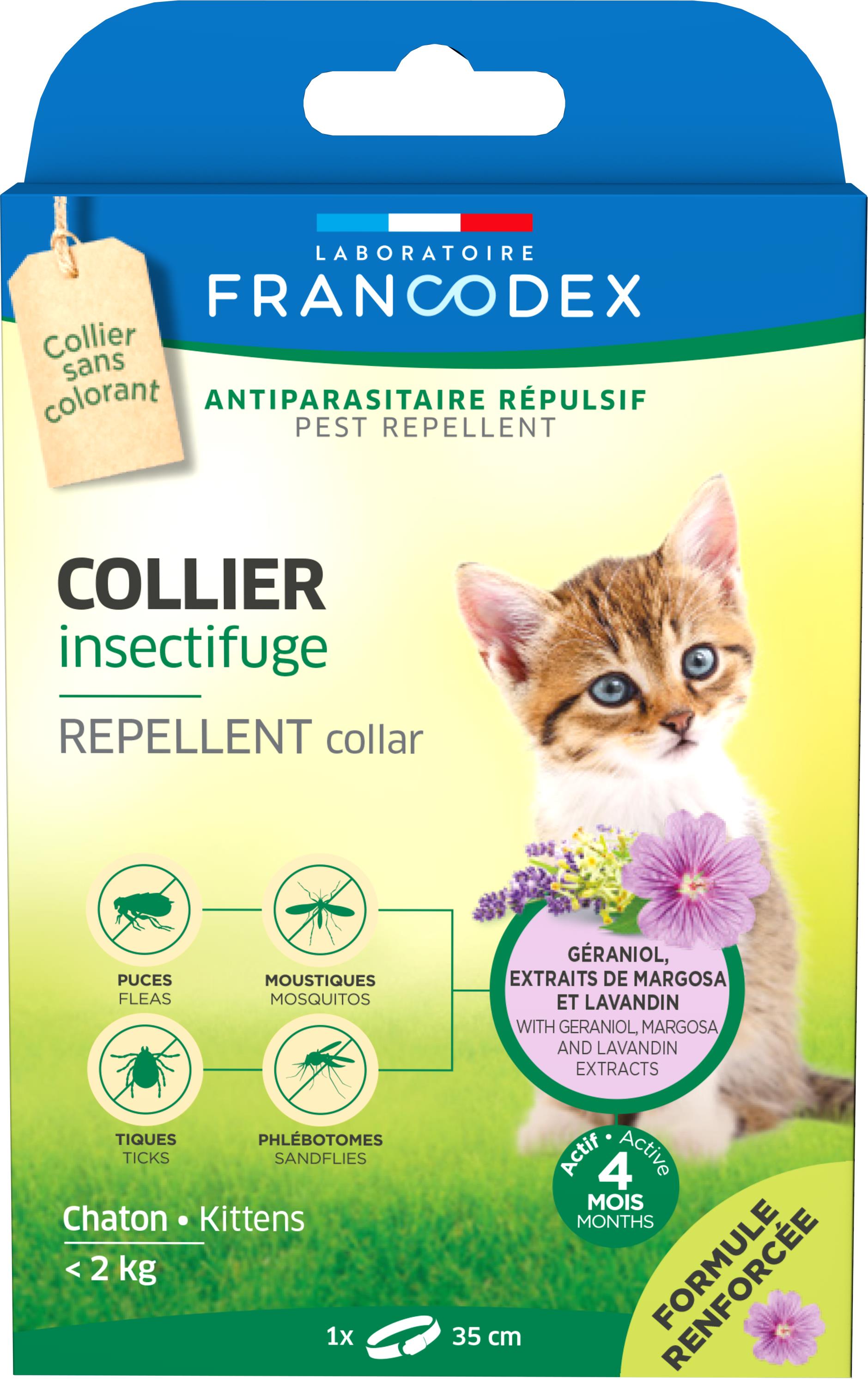 soin chat - francodex collier insectifuge chatons moins de 2 kg - 35 cm