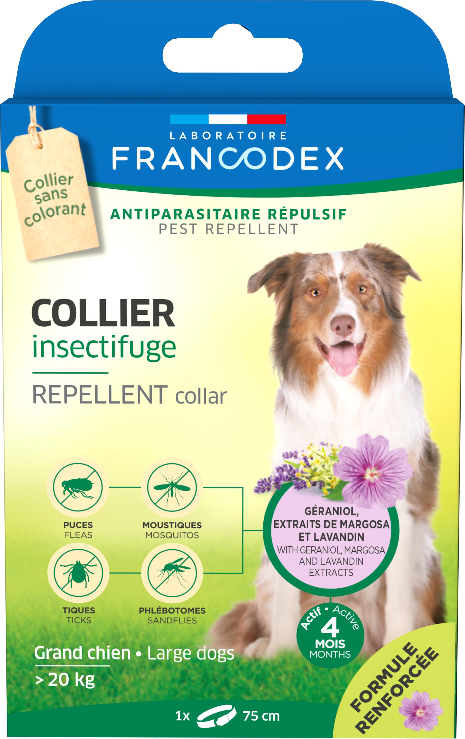 soin chien - francodex collier insectifuge grands chiens plusde 20 kg - 75 cm