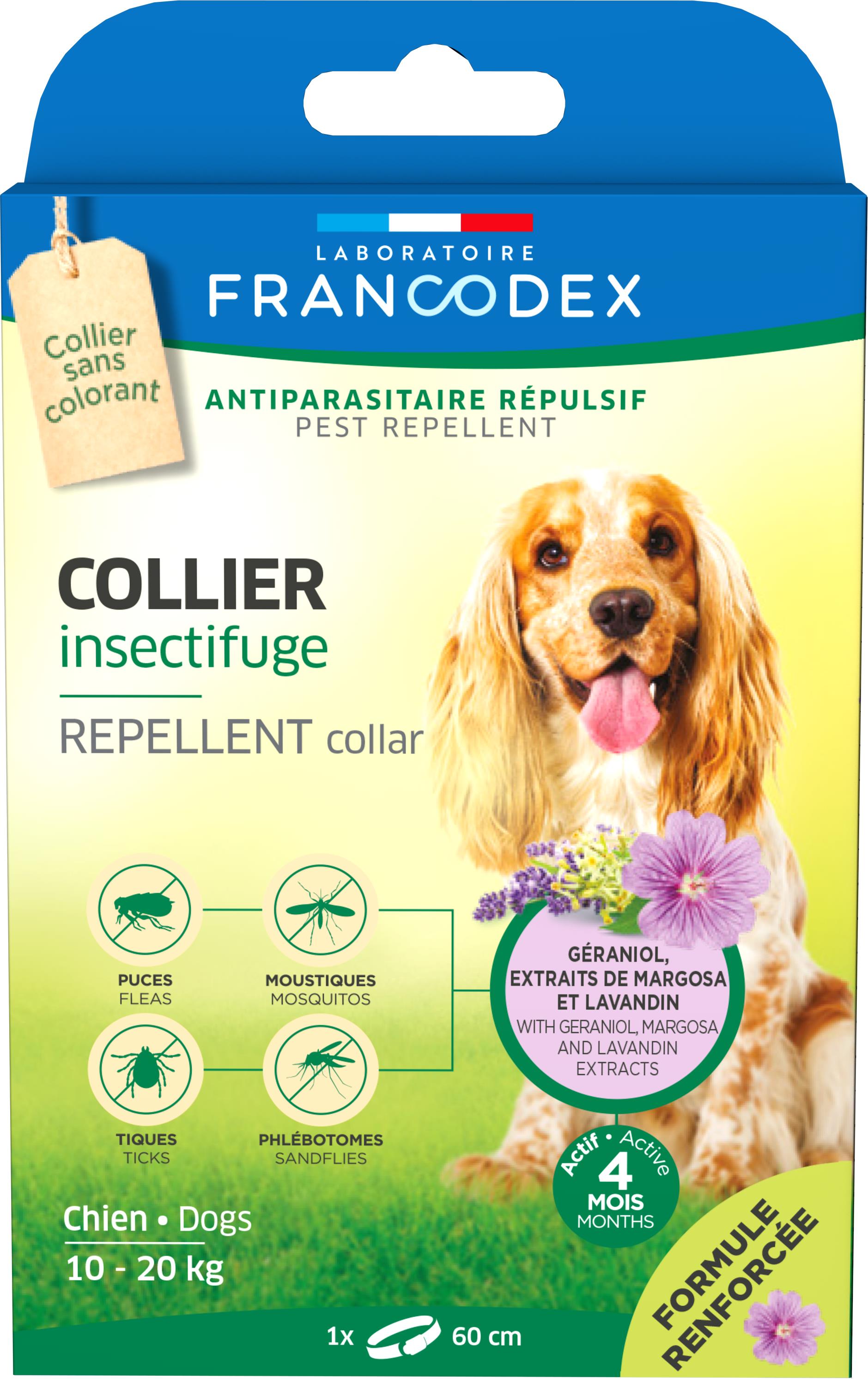 soin chien - francodex collier insectifuge chiens de 10 à 20 kg - 60 cm