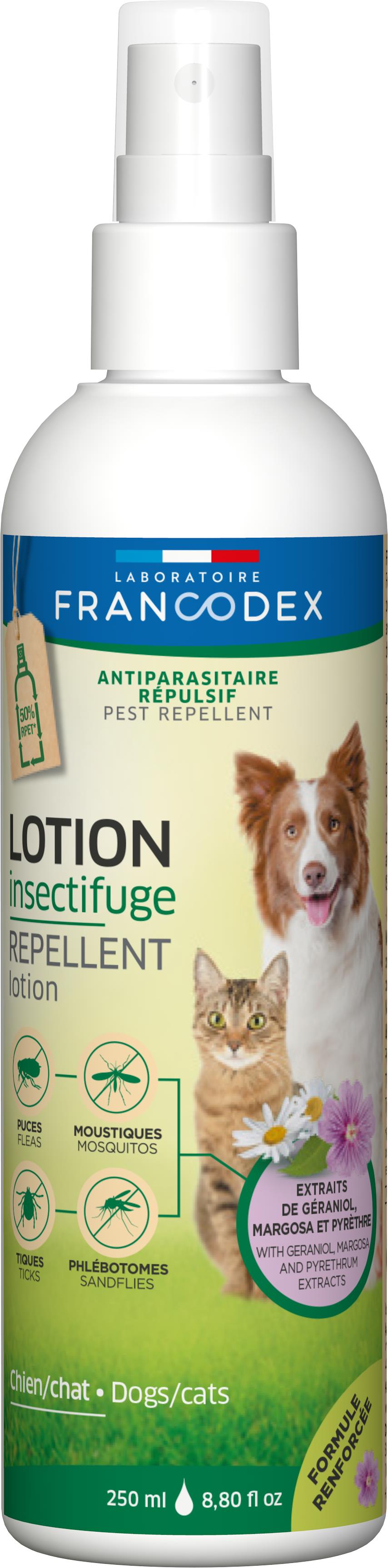 soin - francodex lotion antiparasitaire insectifuge pour chiens et chats - 250 ml