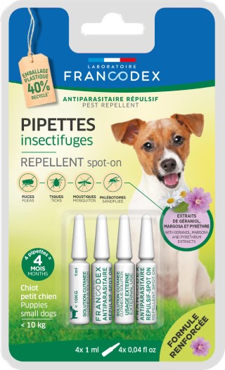 Soin Chien - Francodex Pipettes antiparasitaires insectifuges Chiots et petits chiens moins de 10 kg - 4 x 1 ml 1038877