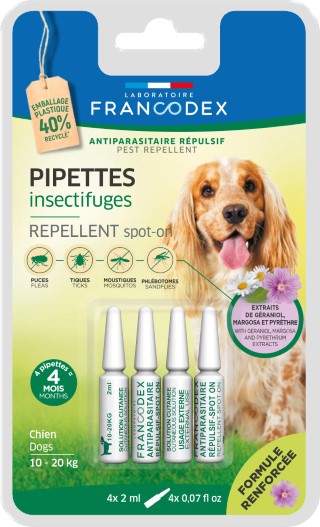 Soin Chien - Francodex Pipettes antiparasitaires insectifuges Chiens de 10 kg à 20 kg - 4 x 2 ml 1038878
