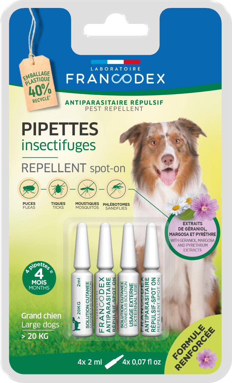 Soin Chien - Francodex Pipettes antiparasitaires insectifuges Grands Chiens plus de 20 kg - 4 x 2 ml 1038879