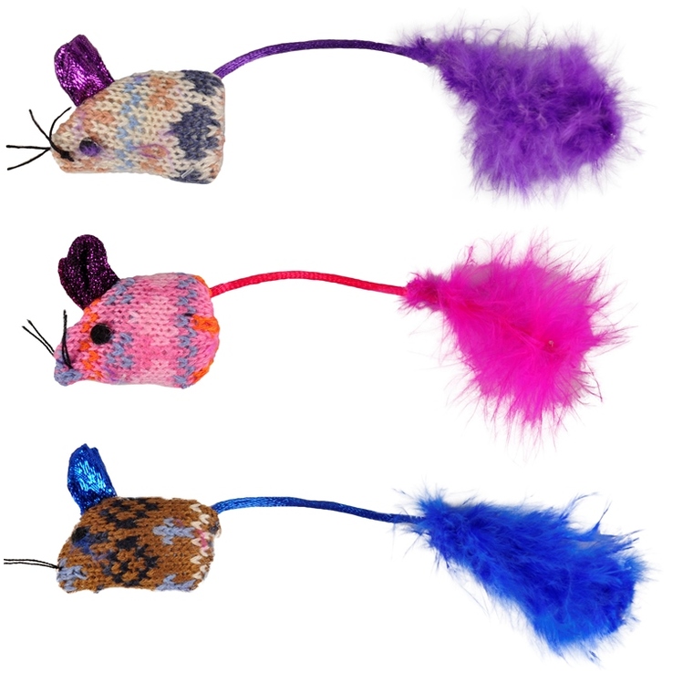jouet chat - flamingo lot de 3 souris mohair avec plumes multicolore