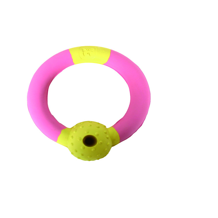 jouet chien - anneau rubb’n’treats rose et jaune pour chien ø 10,5 cm